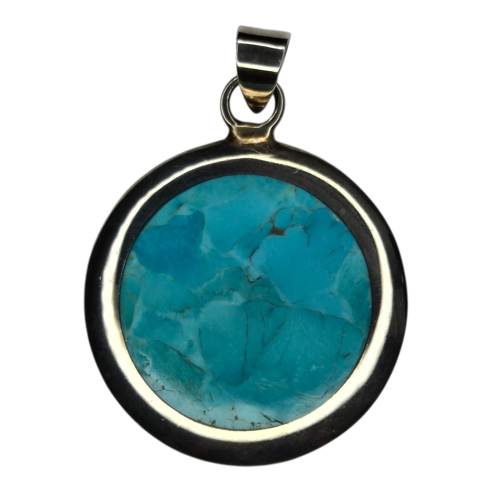 Vintage Sterling Silver 925 Faux Turquoise Large Circular Pendant‎